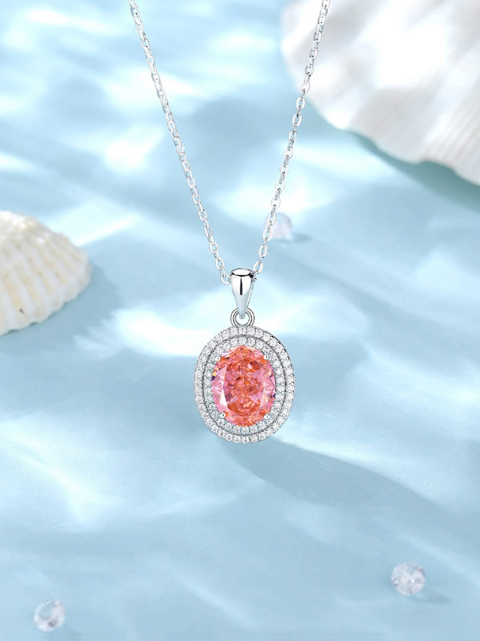 Echte 14K Au585 Weißgold Halskette mit Oval Rose Lab Padparadscha, Oval Luxuriös Anhänger Gold 585 Damenkette Moissanit 45cm