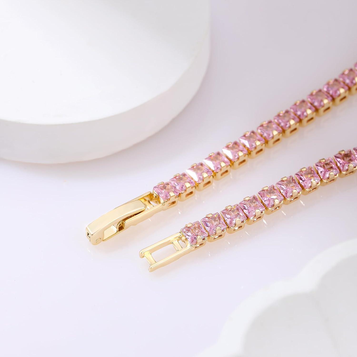 Trendy 18K Gold-Plated 3mm Pink/Orange-Red Square Zirconia Tennis Bracelet | 6.0 to 8.0-inch Vibrantly Colored Women's Zirconia Tennis Bracelet image 5
