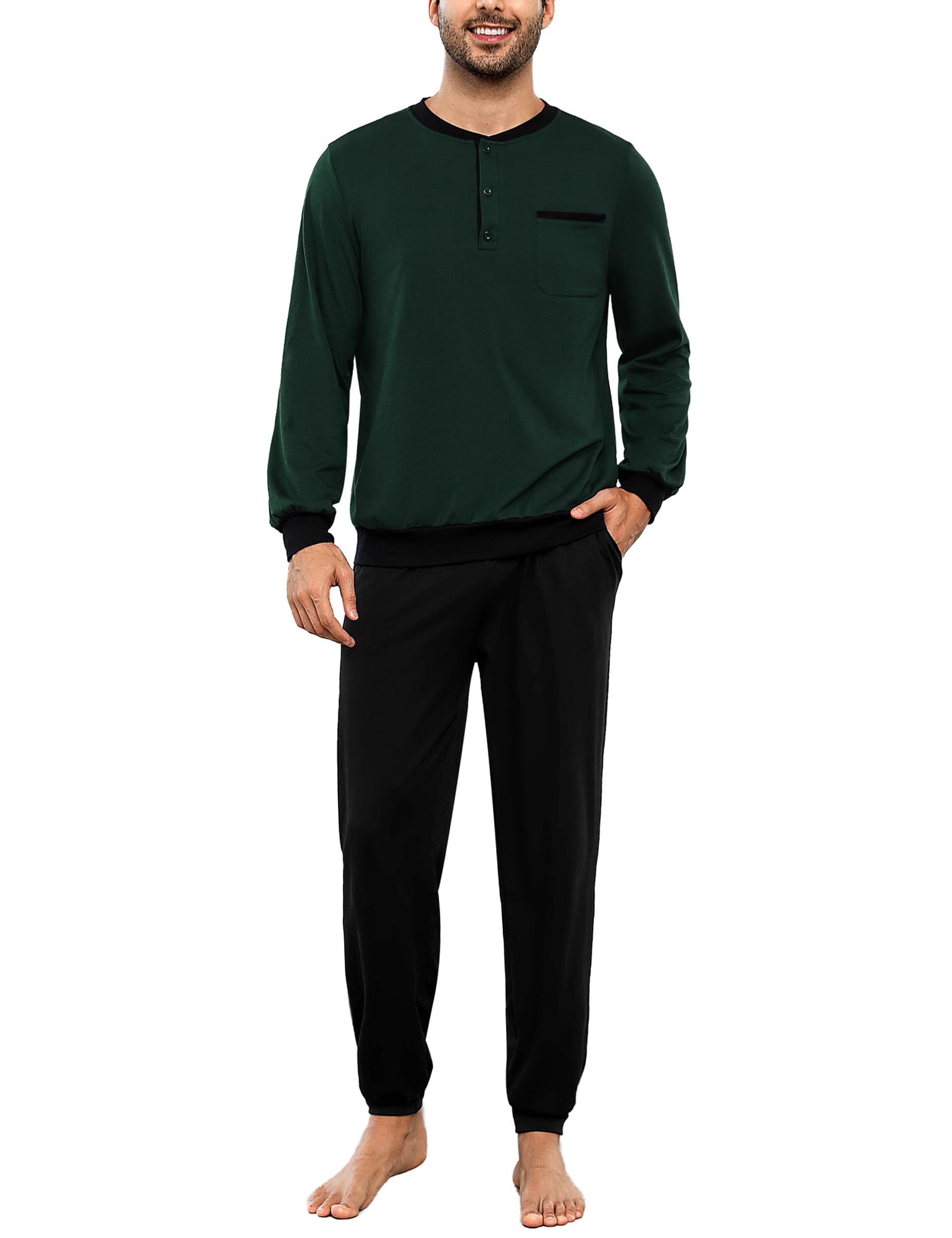 Bresdk Pijama Hombre Invierno Algodón Ropa de Dormir Camiseta de Manga Larga Largo Pantalón Pijama para Hombre S-3XL