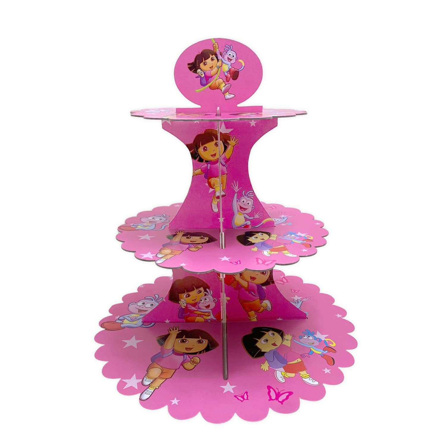 Aex Pink 3 Tier Cake Stands For Afternoon Tea, Biodegradable Cupcake Stand Cardboard, Round Dessert Tower For Party, Birthday, Anniversary, Wedding (Dora The Explorer)