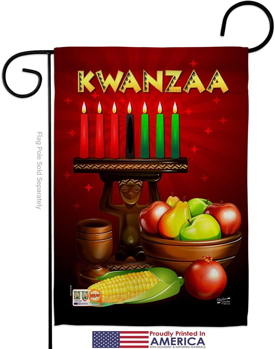 Greeting Kwanzaa Garden Flag Set Wood Dowel Black History Kinara Candles Celebrates African Americans Heritage Small Decorative Gift Yard House Banner Made In USA 13 X 18.5