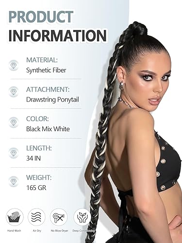 Miniatura 2 de WIGER Cola de caballo trenzada de 34 pulgadas para mujeres negras, con cordón largo, para bricolaje, color blanco y negro, extensiones de cabello