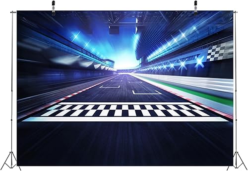 Miniatura 5 de BELECO Telón de fondo de carreras de tela de 8 x 6 pies para fotografía, línea de meta, pista de carreras, fondo de auto de carreras, auto de