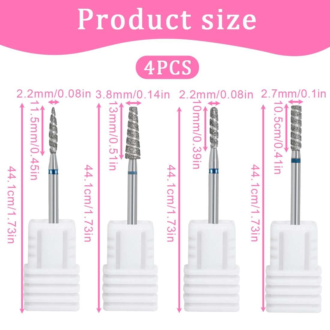 4 Pieces Diamond Cuticle Cutter Bits with Spiral Grooves 3/32 Inch Nail Cutter Tip for Nail Preparation Remueve Cutículas y Piel Muerta Fina