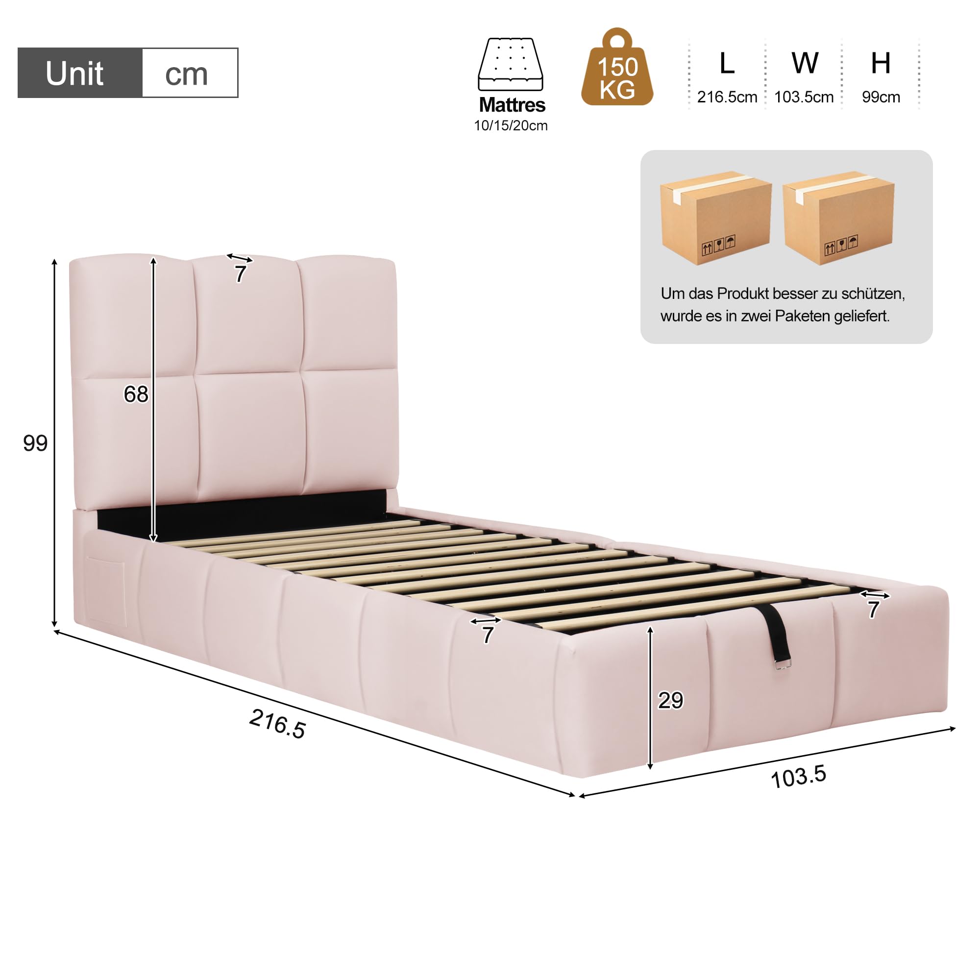 Mrwoo Cama Tapizada 90x200cm con USB, Cama Individual con Compartimento de Almacenamiento Hidráulico, Además, Rosa (Cama Sin Colchón)