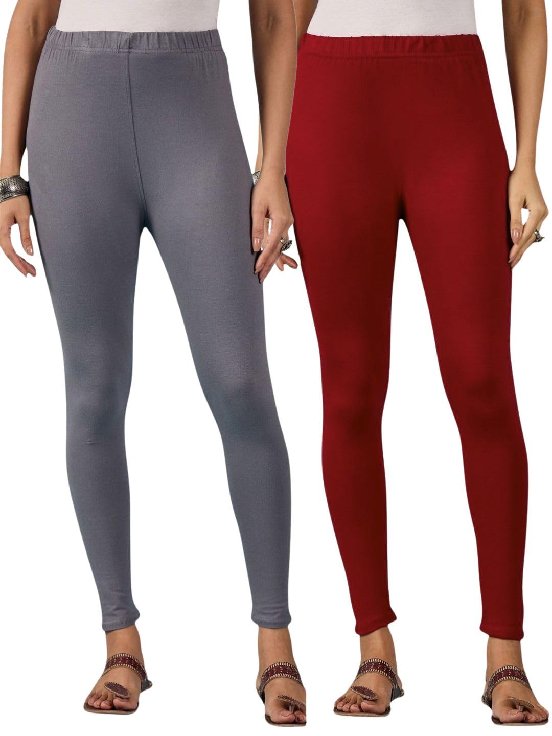 Pure Cotton Maroon Grey Women Ankle Length Leggings-Pack of 2-image-31