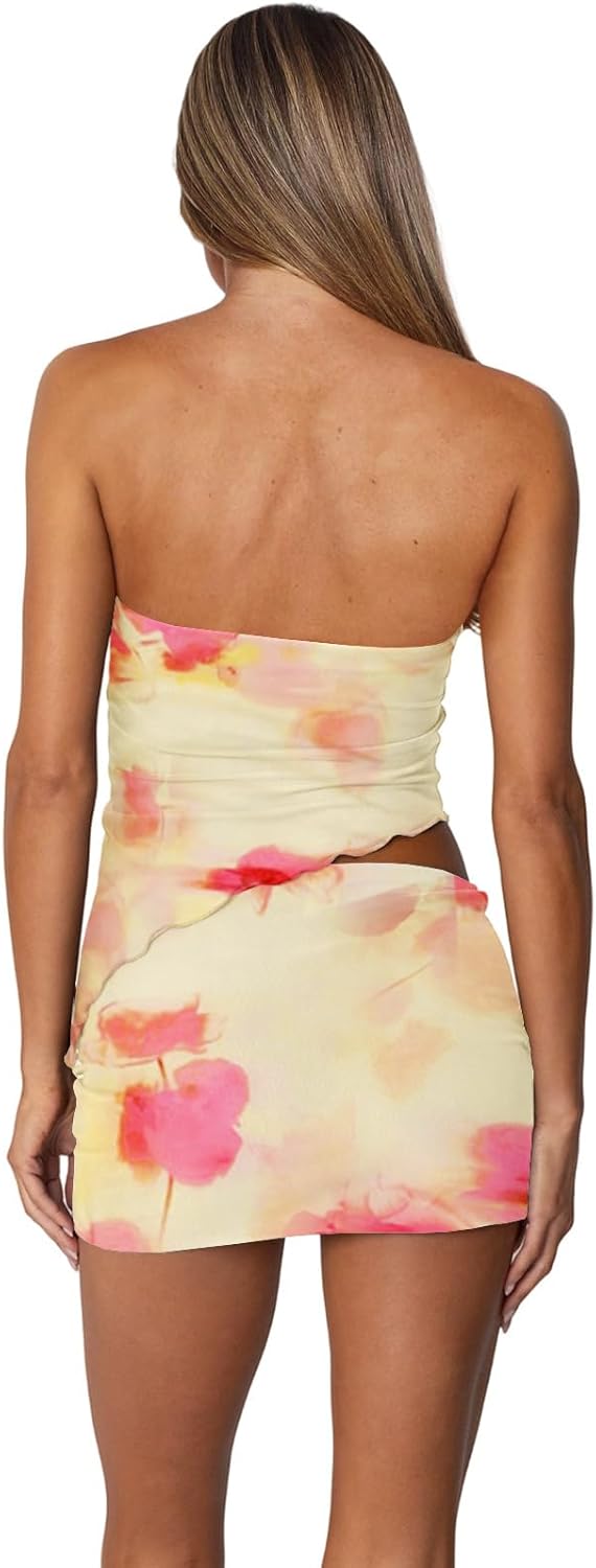 Two Piece Skirt Set for Women Summer Asymmetrical Mesh Strapless Tube Tops Mini Skirt Set Going Out Outfits - Image 3