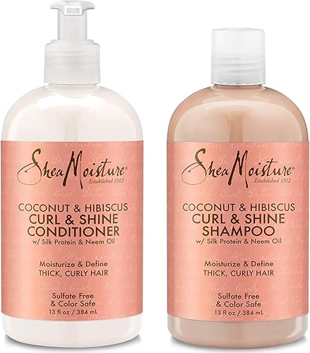 Miniatura 1 de Champú y acondicionador Shea Moisture de coco e hibiscos para rizos y brillo con proteína de seda y aceite de Neem botellas de 13 onzas
