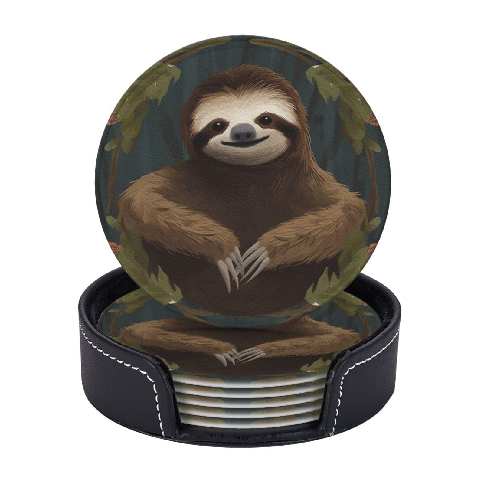 Round Coasters for Drinks Set of 6 - PU Leather Coasters with Holder - Modern Drink Coasters for Coffee Table - Sloth Coaster for Tabletop Protection 4" Cup Mat Pad