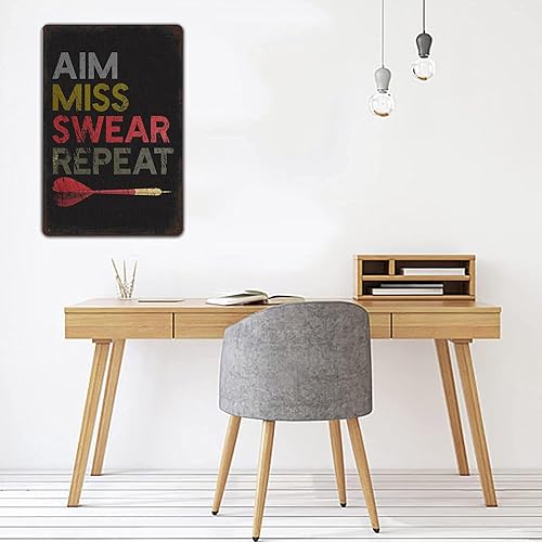 Miniatura 8 de Póster de metal con letrero de estaño de dardos – Aim Miss Swear Repeat Funny Wall Art – Retro Man Cave Garage Bar Game Room Decor – Decoración