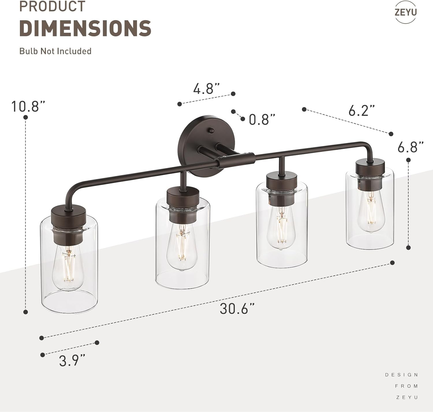 zeyu Oil Rubbed Bronze Bathroom Vanity Light, 4-Lights Bathroom Light Fixtures Over Mirror with Clear Glass Shade, 30.6 Inch Wall Sconce Lighting Bath, ZS62B-4W ORB