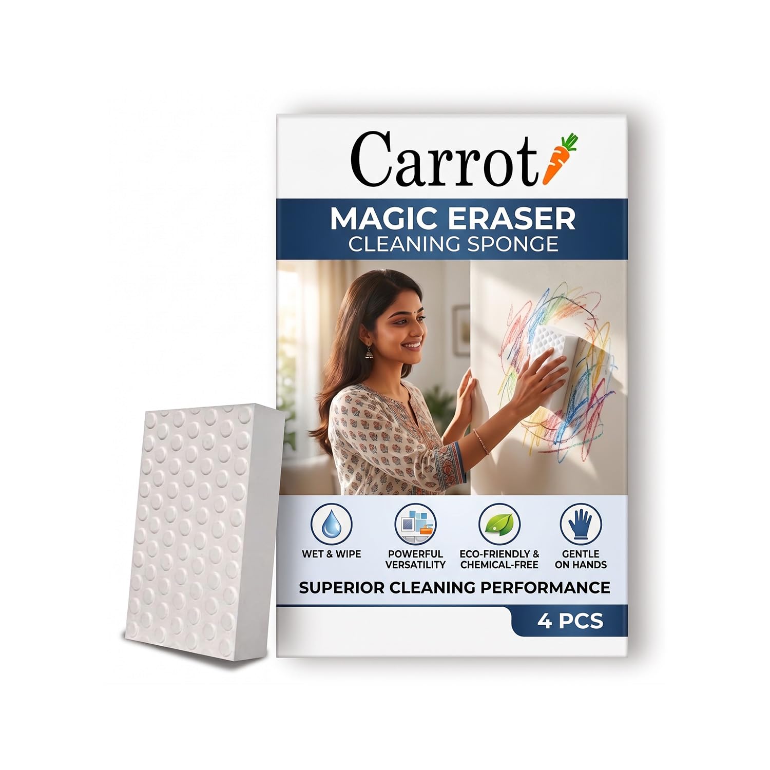 Carrot - Magic Eraser Cleaning Sponge | Chemical-Free, Multi-Purpose Wipe for Effortless Cleaning of Kitchen, Bathroom, Walls, Shoes & More – Tough on Stains, Gentle on Surfaces (Pack of 4)-picture-39