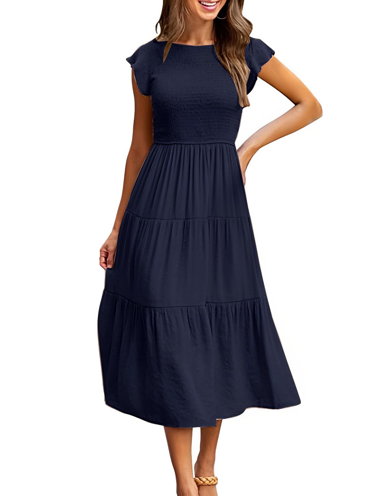 Yuson Girl Kleid Damen Sommerkleid Lang Casual Rundhals Flatterärmel Maxikleider Sommer Knielang Strandkleid Elastische Taille Lang Kleider Gestuftes Rüschen A Linie Kleid