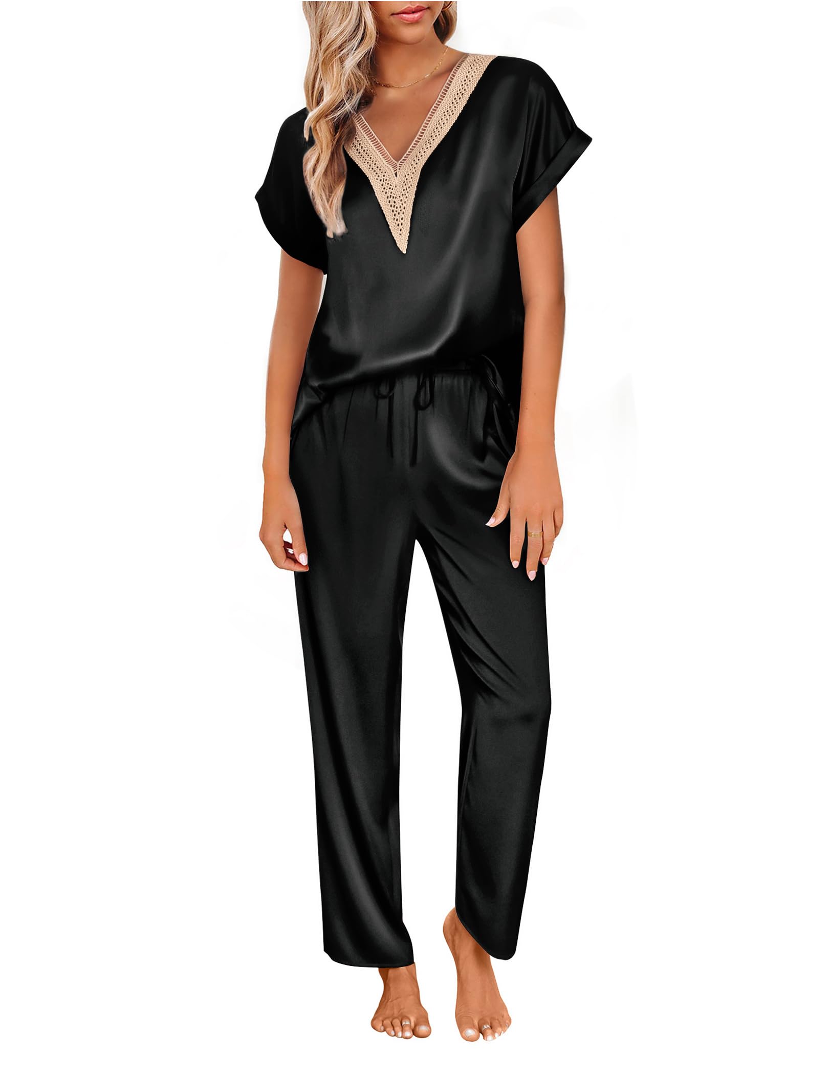 Ekouaer Womens Silk Pajamas Set Satin Pjs with Long Pants Short Sleeve Sleepwear Guipure V Neck Loungewear