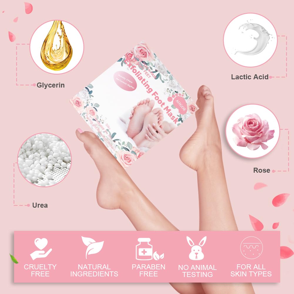Masque Pieds Peeling Exfoliant, 4 Paires Masque Pieds Hydratant Exfoliant Saveur Rose, Masque Peeling pour les Pieds, Chaussette Exfoliante, pour Nourrissant Callosités, Crevasses et Pieds Secs