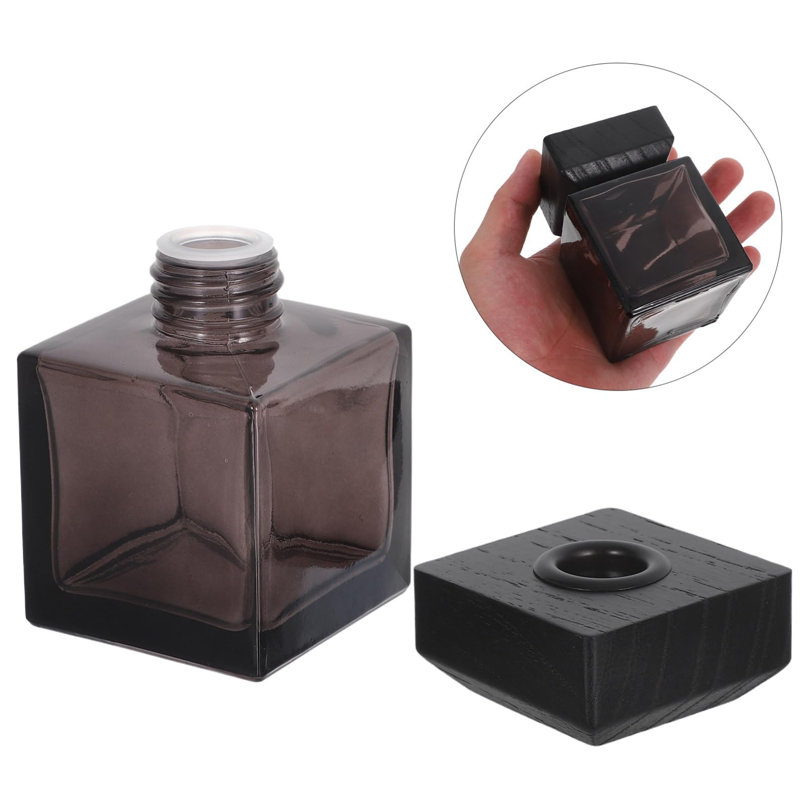 Botella Difusora de Aromaterapia Cuadrada 100ml de Vidrio y Madera | Pack de 2 Unidades, Negra, Recargable y Portátil, para Aceites Esenciales y Decoración del Salón