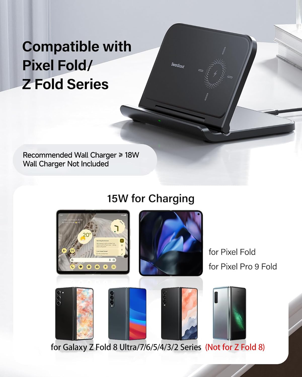 SwanScout Bezprzewodowa Ładowarka do Samsunga Z Fold 7, Składana Stacja Ładująca do Pixel 9 Pro Fold/Galaxy Z Fold 6/ Z Fold 5/4/3/2