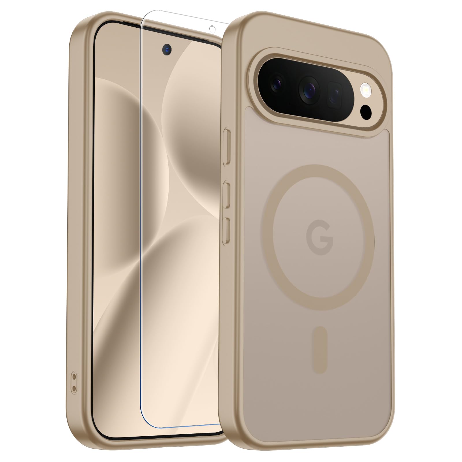 SUPFINE Magnetic for Google Pixel 10 Pro XL Case with Screen Protector, (Built-in Magnets) ((Military Grade Drop Protection) Slim Translucent Shockproof Phone Case,Pink Gold