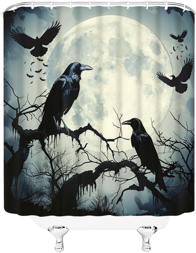 Halloween Raven Shower Curtain Goth Crow on Branch Tree Full Moon Misty Forest Horror Bat Gothic Watercolor Scary Animal Fabric Bathroom Decor Curtains with Hooks,70 x 90