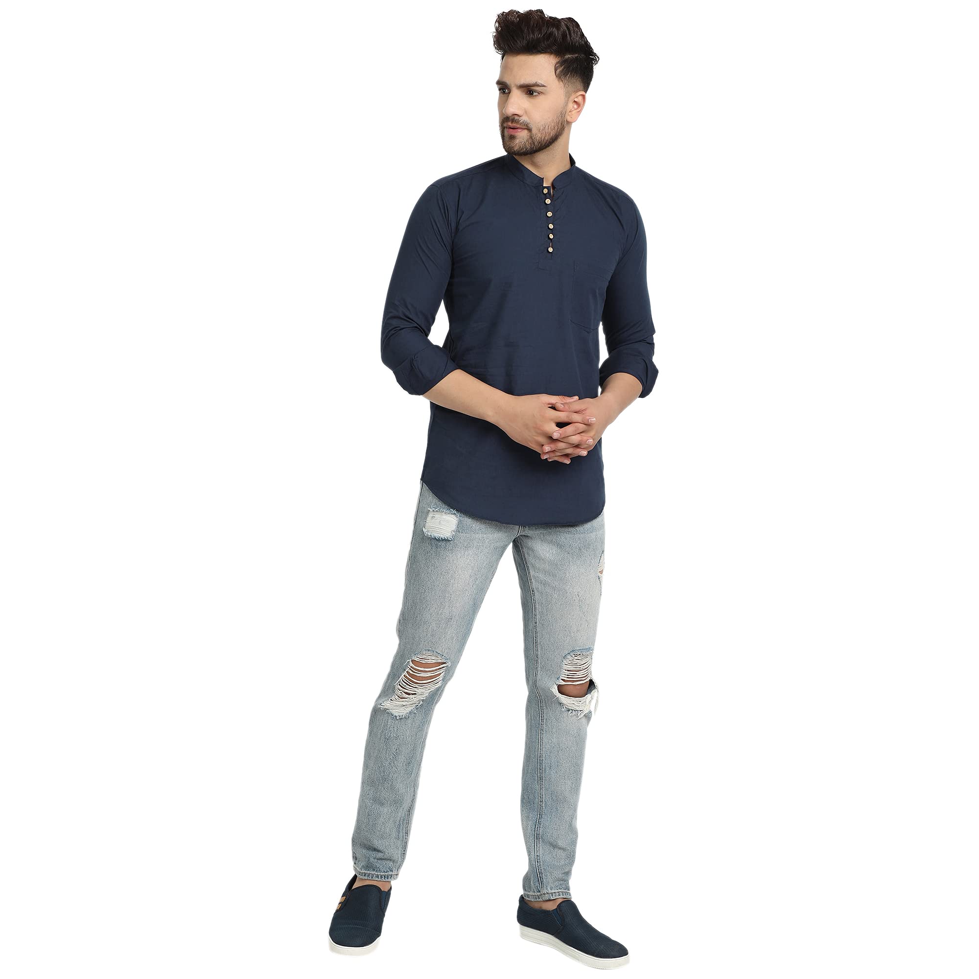 Majestic Man Cotton Slim Fit Solid Casual Short Kurta for Men (Medium, Navy Blue) 2
