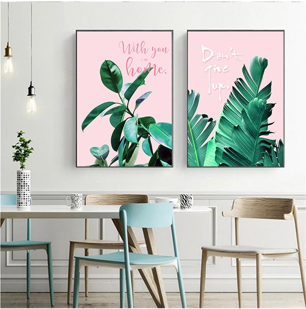 WUHBCZ Pictures,Abstract Green Plant Leaves Poster Nordic Wall Art Prints Pictures Canvas Paintings for Pink Background Living Kitchen Room Home Decor-50 * 60cm*2PCS (No Frame)