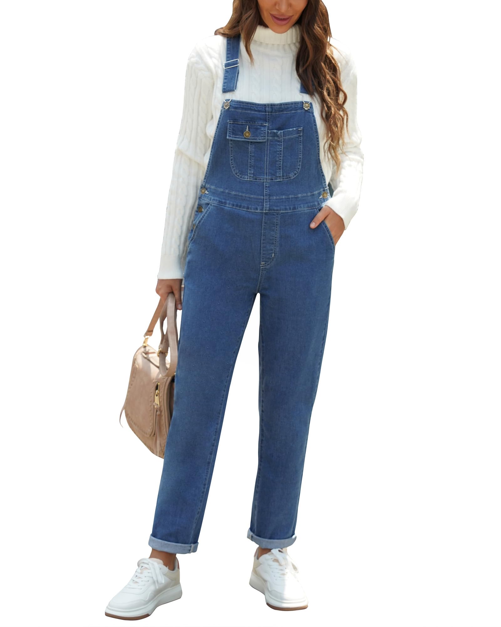 Roskiky Peto para mujer, vaquero, elástico, pierna recta, overall para mujer, corte regular, pantalones de mezclilla, cómodos, correas ajustables