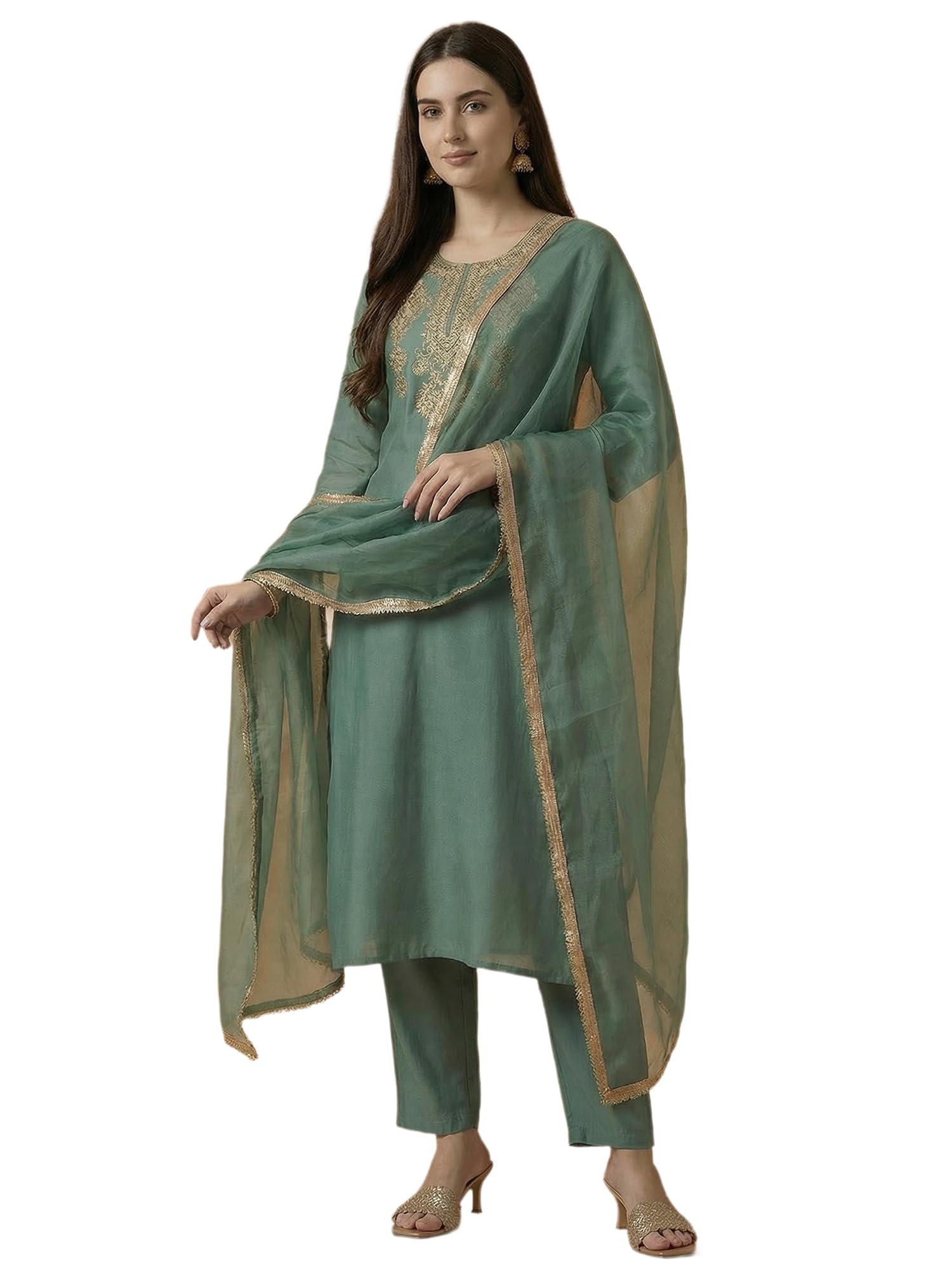 indo era Women's Silk Blend Sea Green Ethnic Motifs Embroidered Zari Straight Kurta & Pant with Dupatta Set-picture-30