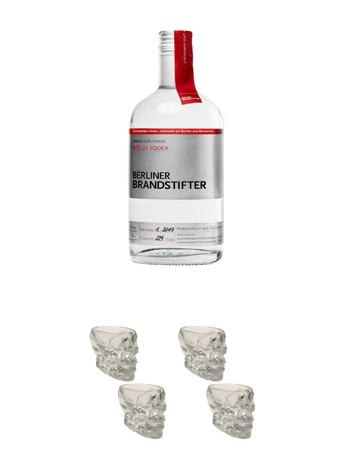 Berliner Brandstifter Vodka Deutschland 0,35 Liter + Wodka Totenkopf Shotglas 2 Stück + Wodka Totenkopf Shotglas 2 Stück