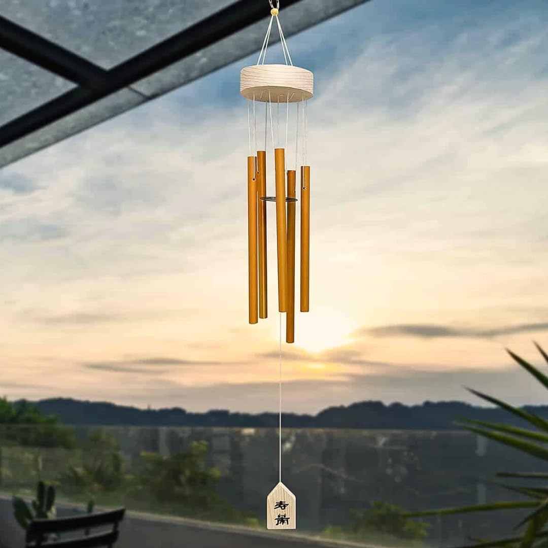 Plus Value 5 Pipe Wind Chimes for Balcony Home Positive Energy Decor Garden Outdoor Feng Shui Metal Hanging Bells Big Size (Positivity Vibes Windchimes for Office Decoration, Gold)