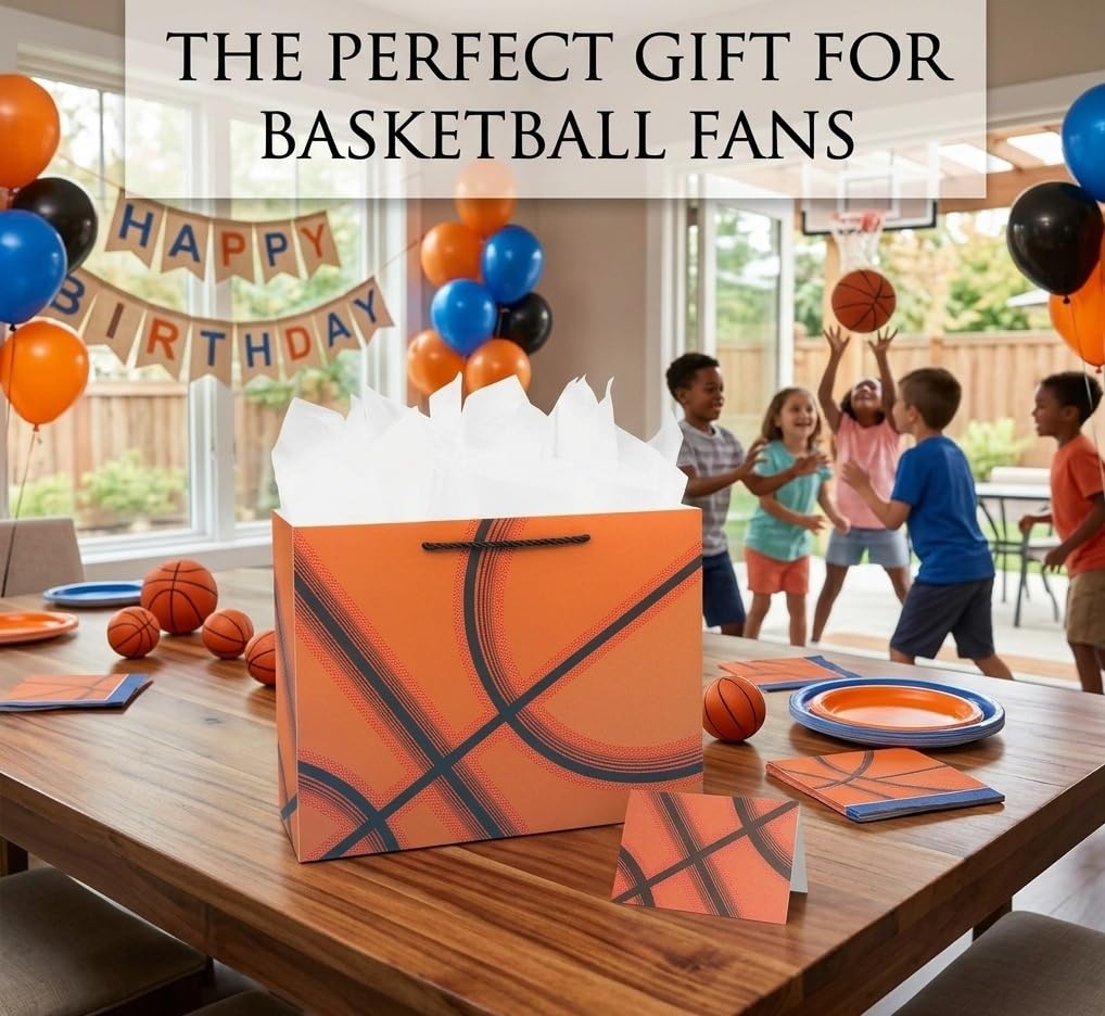 Oletx 13” Basketball Party Favor Gift Bags, Large Basketball Gift Wrapping Bag with Tissue Paper for Sports Party Birthday Goodie Gifts Treat Wrapping Bags