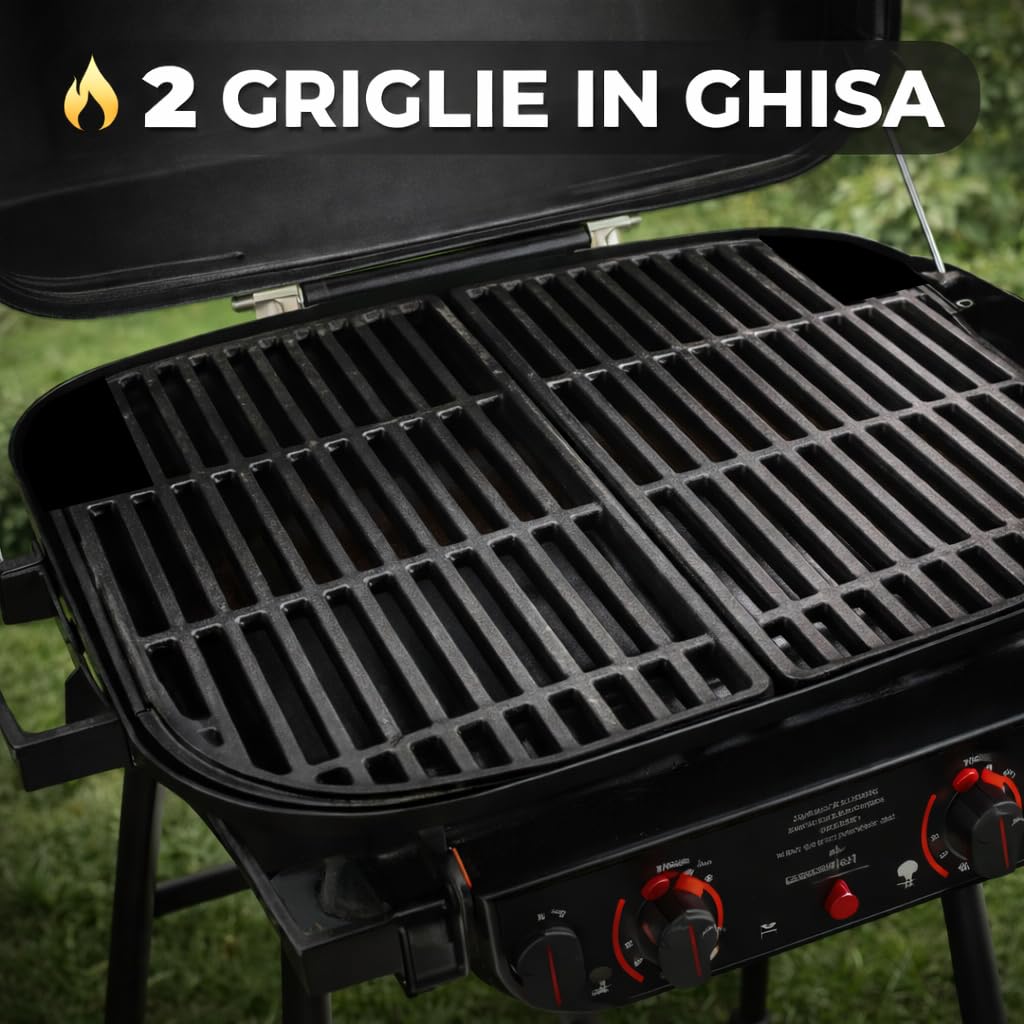 Barbecue a gas 2 fuochi bbq con griglie in ghisa e accensione piezo e mensola portaoggetti - compatto e stabile h. 90,3cm