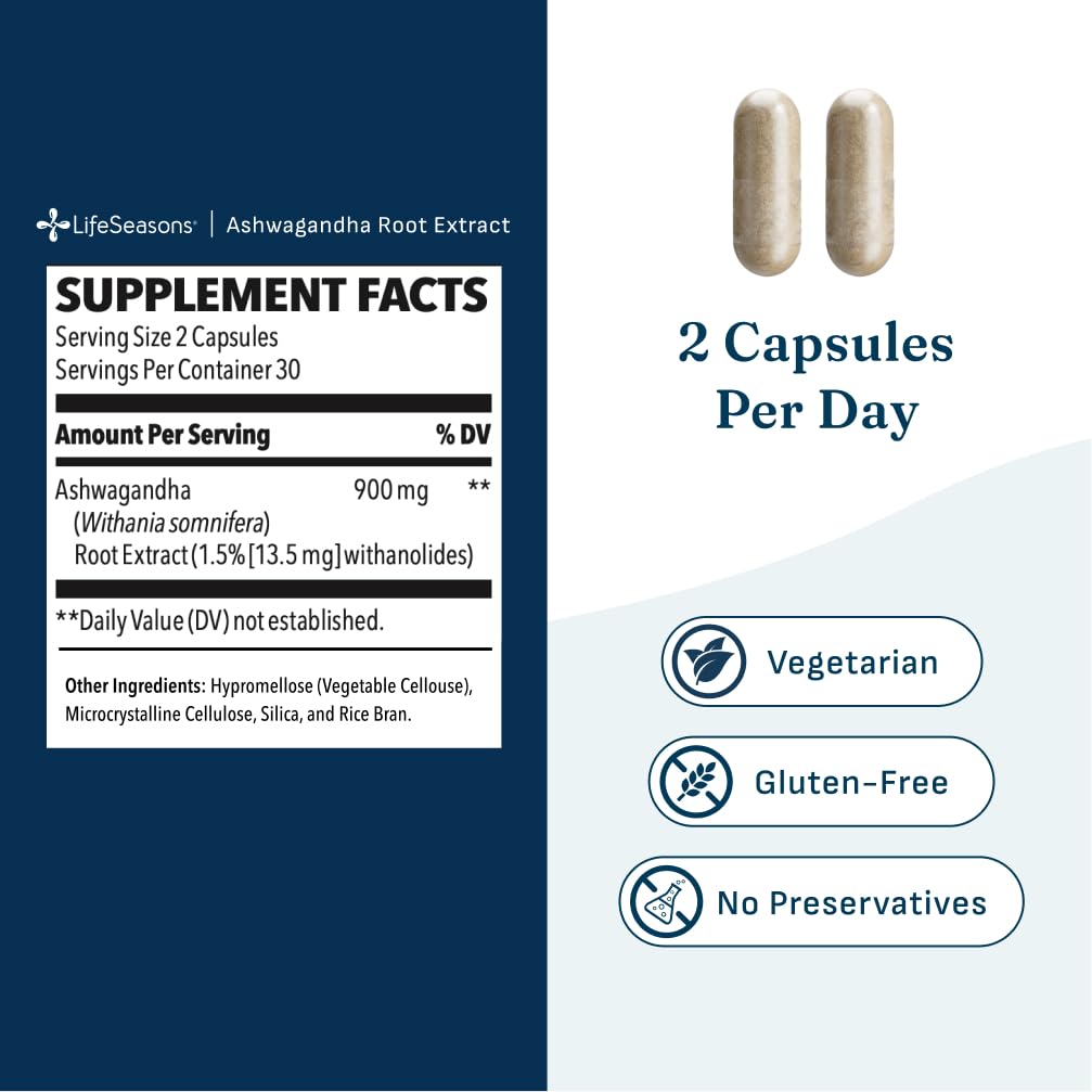 LifeSeasons Essentials Ashwagandha - Stress & Sleep Support Supplement - Calm & Focused Mind - Improves Athletic Performance & Brain Function - 900mg per 2 Capsules - 60 Capsules — Amazon image 3