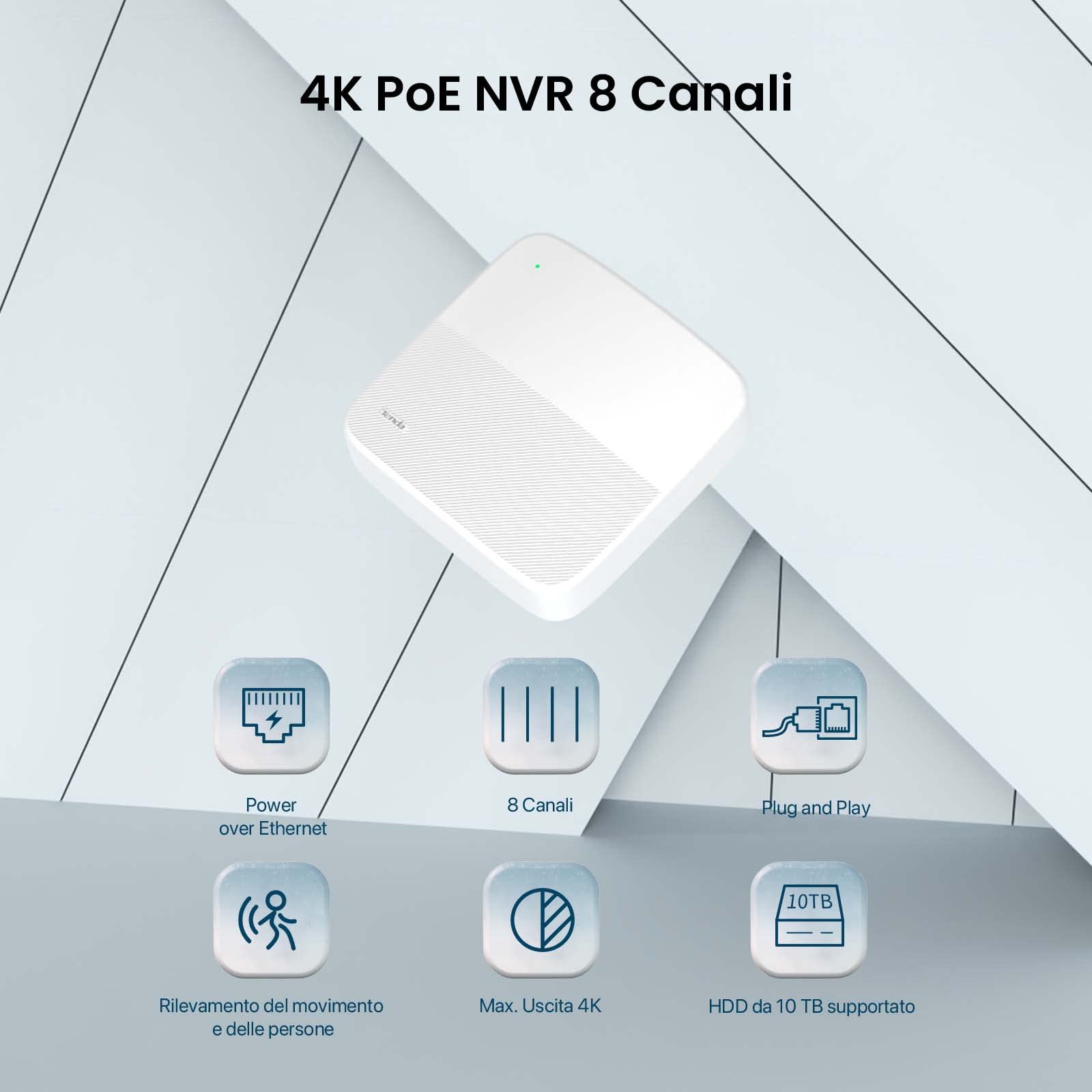 Tenda NVR 8 Canali, 4K PoE NVR Videoregistratore di sorveglianza, Trasmissione a 250m, H.265+, IEEE 802.3af/at, Plug and Play, HDD(fino a 10TB)/Cloud Storage, 4KV Protezione contro i Fulmini, N6P-8H