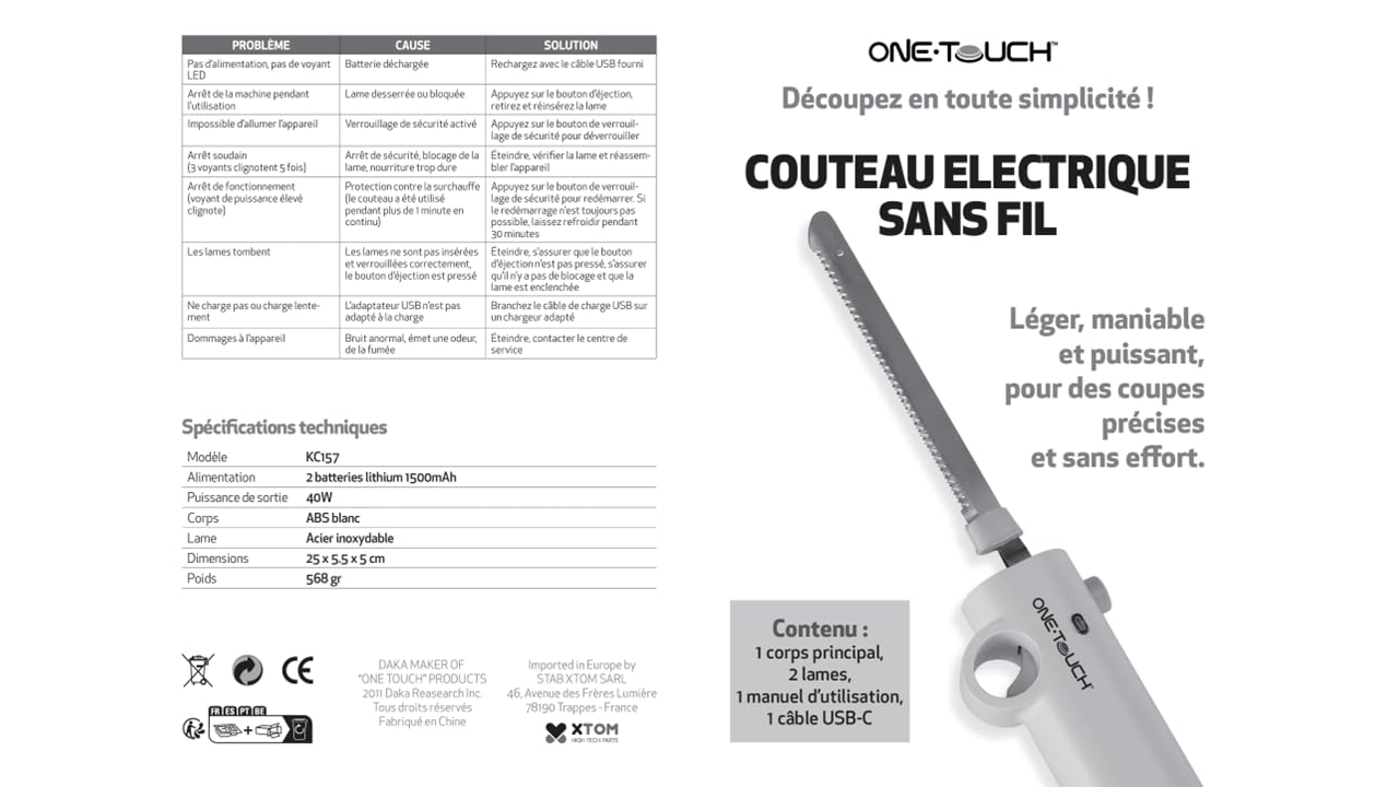 Cadeau Fête des Pères - Couteau Électrique Sans fil ONE TOUCH KC157 – Découpe Sans Effort Rôtis, Volaille, Pain – Rapide, Précis – Maniement Facile et Sécurisé – Idéal si problème de préhension