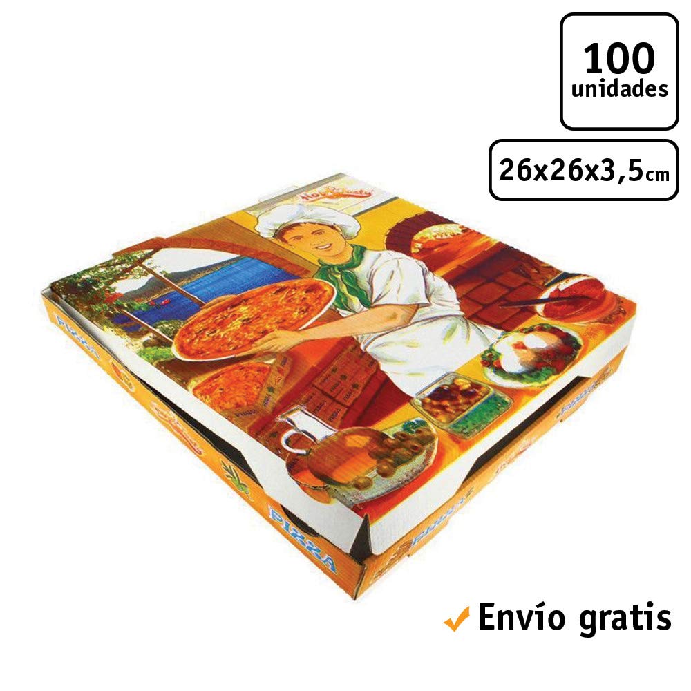 100 uds - Caja para pizza diseño Vesubio - tamaño 26x26x3,5 cm - Anónimas - Cartón microcanal compostable