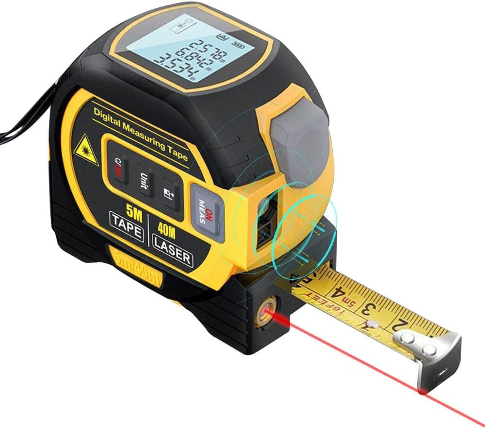 Moniss 3in1 Laser Rangefinder 5m Tape Measure Ruler LCD Display with Backlight Distance Meter Building Measurement Device Area Volumes Surveying Equipment 40m