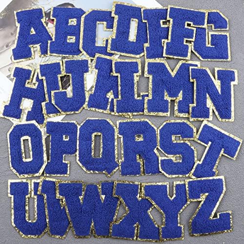 Letter Iron On Patches Sew On Appliques Varsity Alphabet Set Chenille Embroidered Patch Gold Edge A-Z English Letter Badge Repair Patches for Hats, Jackets, Shirts, Vests, Jeans 26 PCS(Dark Blue)