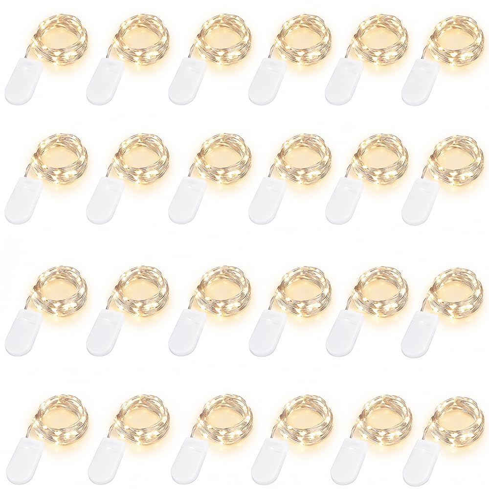 Paquete de 24 luces de hadas funcionan con pilas de 2 m, 20 luces LED de alambre plateado, luces estrelladas para bricolaje, bodas, fiestas, festivales, Halloween, Navidad (blanco cálido)