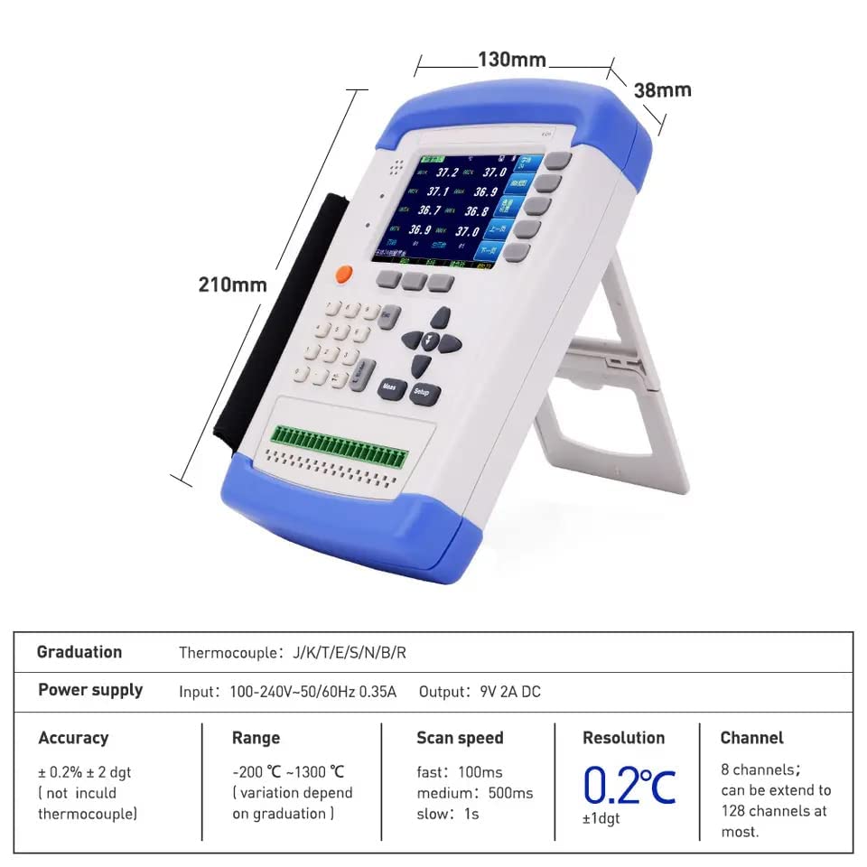 Temperature Monitor Data Logger 8 Channel Temperature Meter Tester Thermocouple Thermometer Temperature Measuring Instrument with Accuracy 0.2%+1℃ Resolution 0.1℃