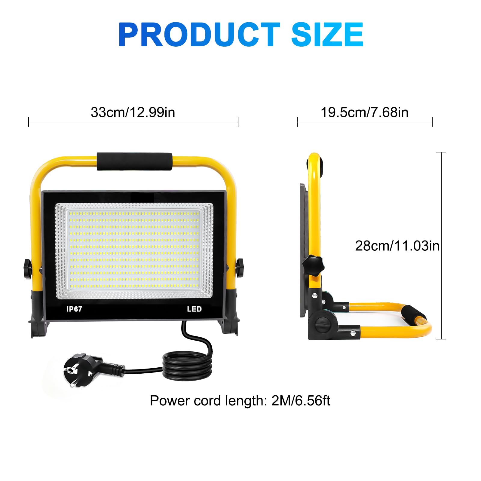 Faretto LED da Cantiere 200W, 20000lm Fari Led da Esterno con Spina, 6500K Lampada da Lavoro IP67 Impermeabile Cavo 2M, con Staffa Pieghevole, Faretto Lavoro per Edilizia,Officina, Garage