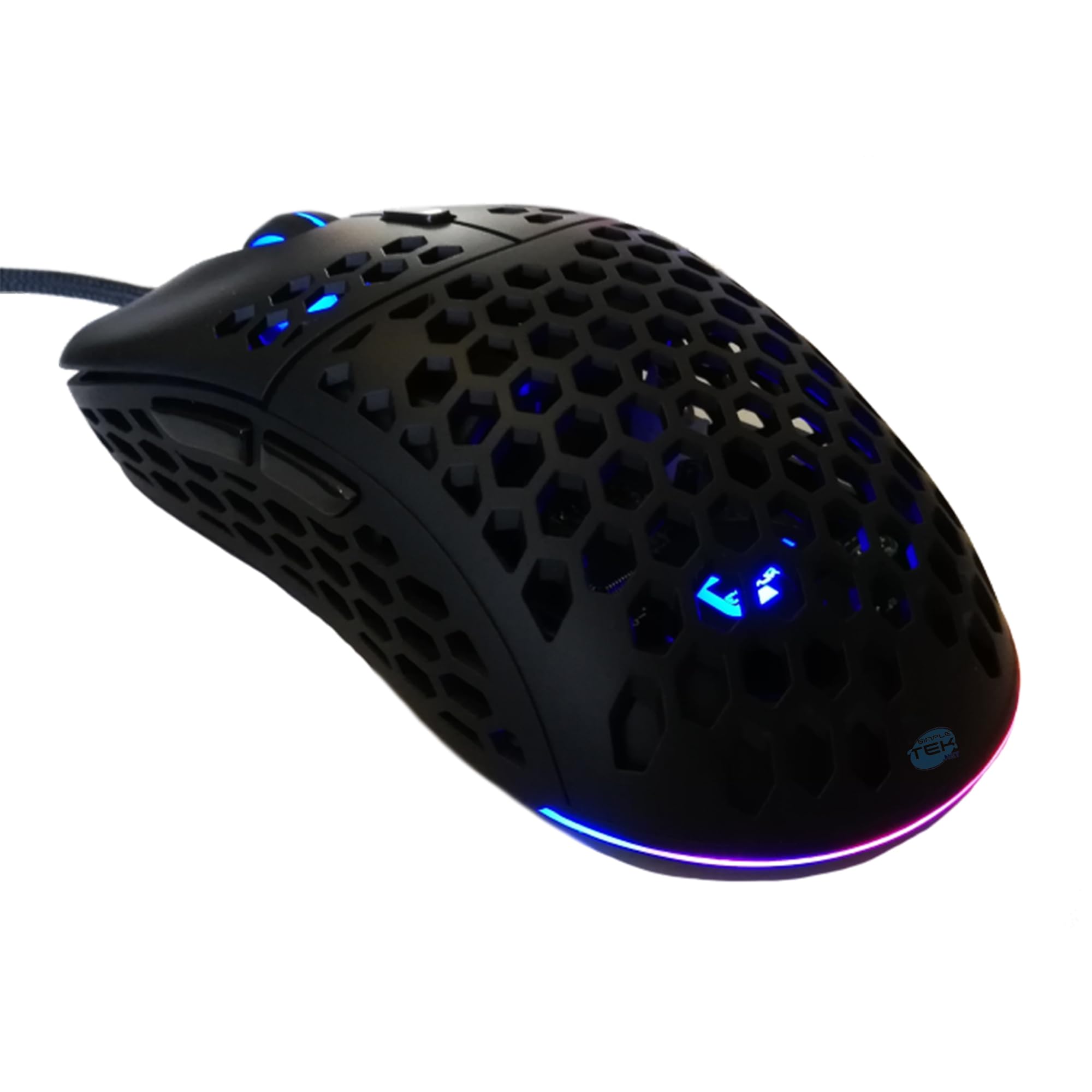 SIMPLETEK - Ratón Gaming RGB profesional ultraligero con sensor PixArt 3389 USB con cable 16000 DPI Honeycomb programable 400 IPS