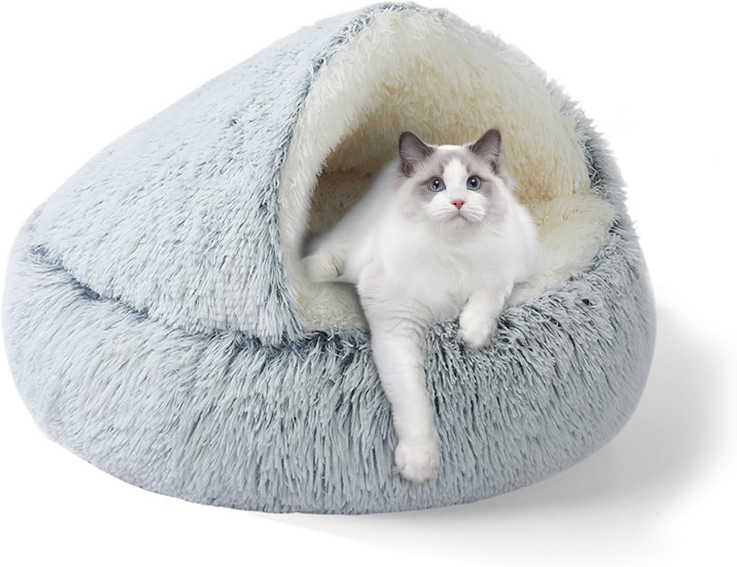 Cat Beds for Indoor Cats,Plush Hooded Cat Cave for Puppy Kitty Small Dog Bed,Removable Washable Non-Slip Bottom Self Warming Round Fluffy Faux Fur Super Soft Calming Sleeping Pet Bed(Gray) Grey