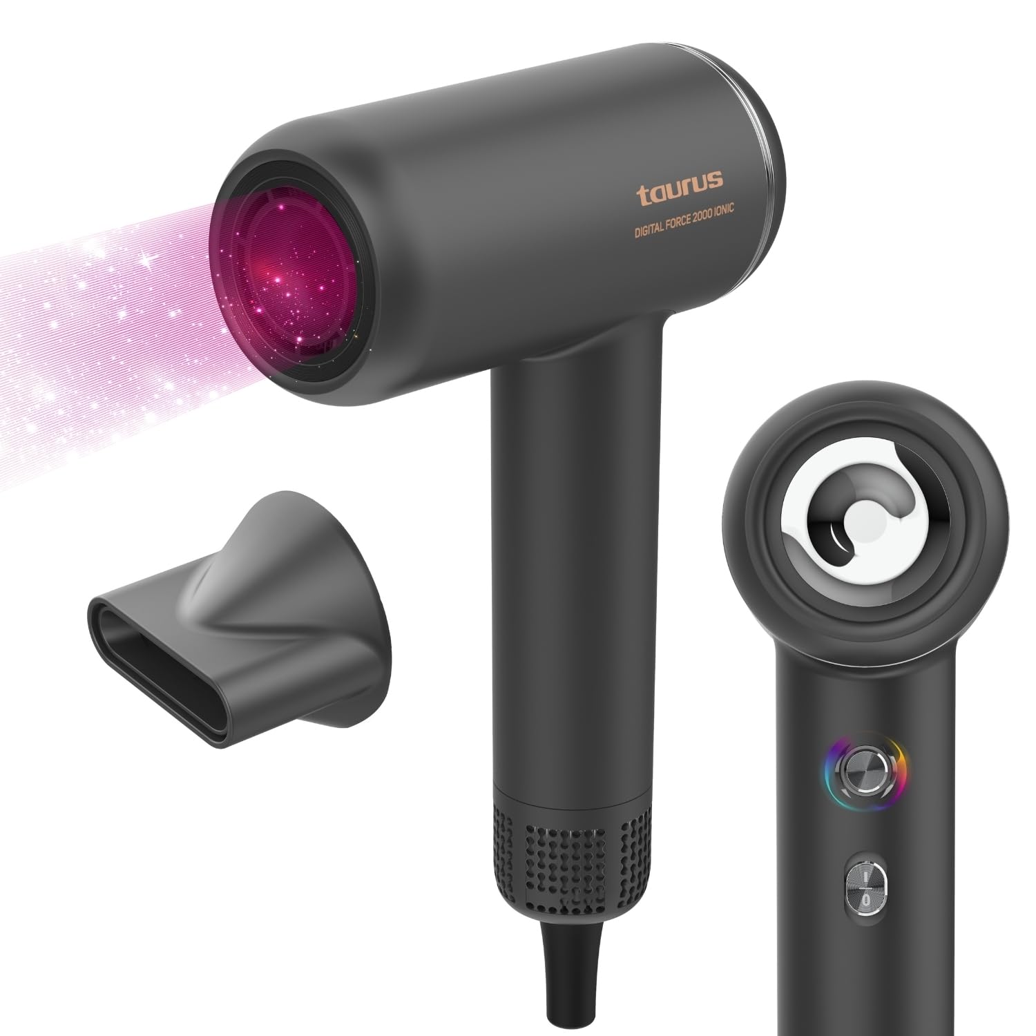 Taurus - Secador de pelo Digital Force 2000 Ionic 1800W Potencia | Motor Digital Brushless | 2 velocidades | 5 temperaturas | Golpe de aire frío | Iónico antiencrespamiento | Ligero