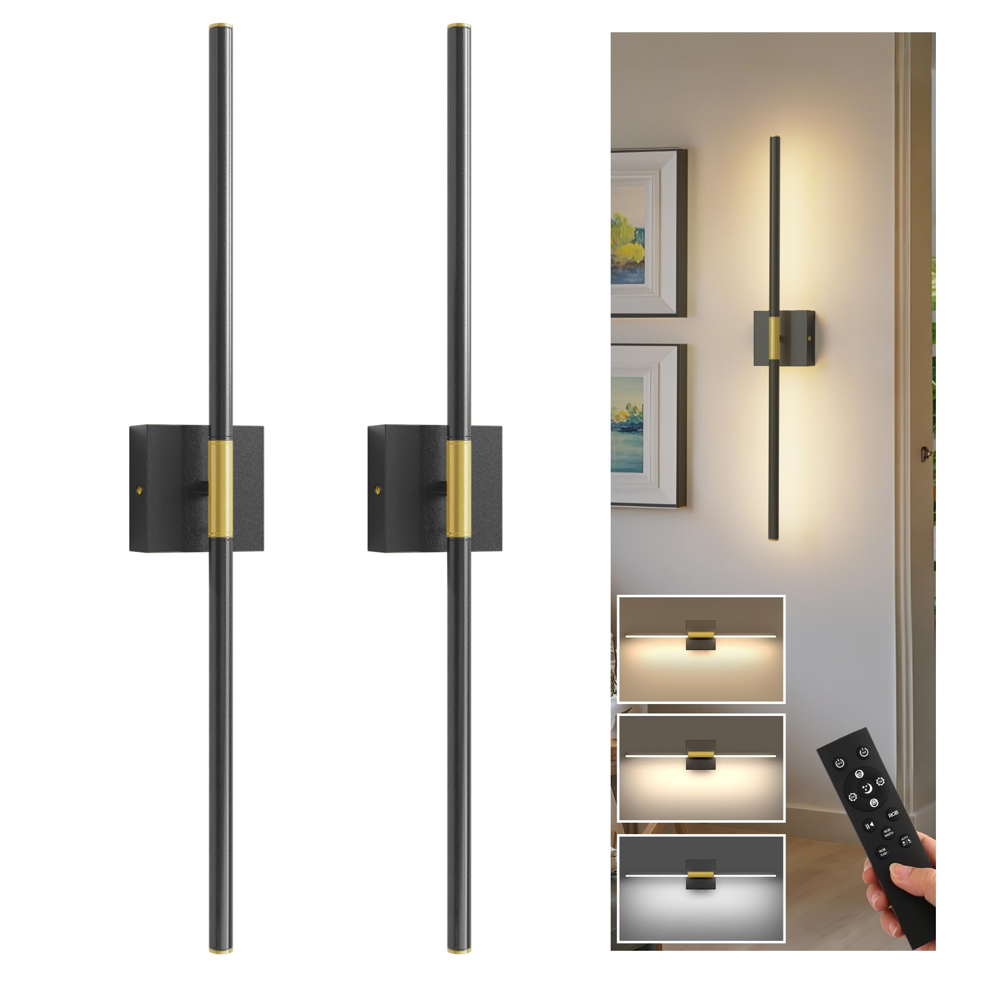L LOHAS LED Battery Operated Wall Sconces Set of 2, Battery Wall Sconce 10000mAh, Black and Gold Rechargeable Sconces 3CCT, 28.1 Inch Wireless Wall Lights, Sconce Wall Decor for Bedroom, Living Room