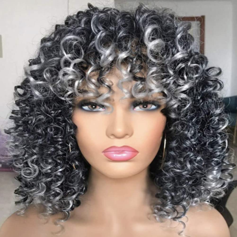 Dioche Krótkie Kręcone Peruki Afro dla Czarnych Kobiet Miękka Peruka z grzywką Bez Wydzielania Ciepła Włosy Syntetyczne Cosplay Party Codzienne Noszenie (WINE RED)