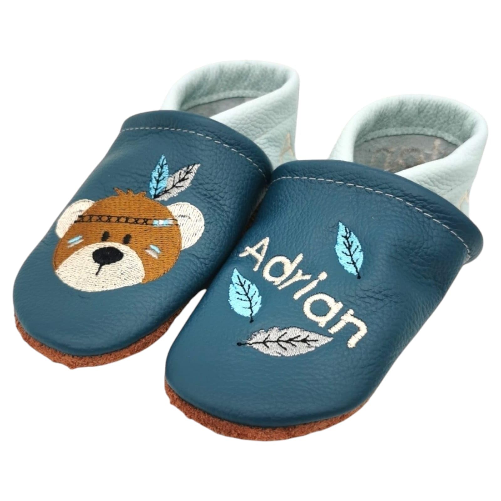 Generisch Zwucki Krabbelschuhe Lauflernschuhe Lederpuschen mit Name Personalisiert Handgemacht Geschenk Geburt Taufe Geburtstag Mädchen Junge Baby Indianer Bär Echtleder