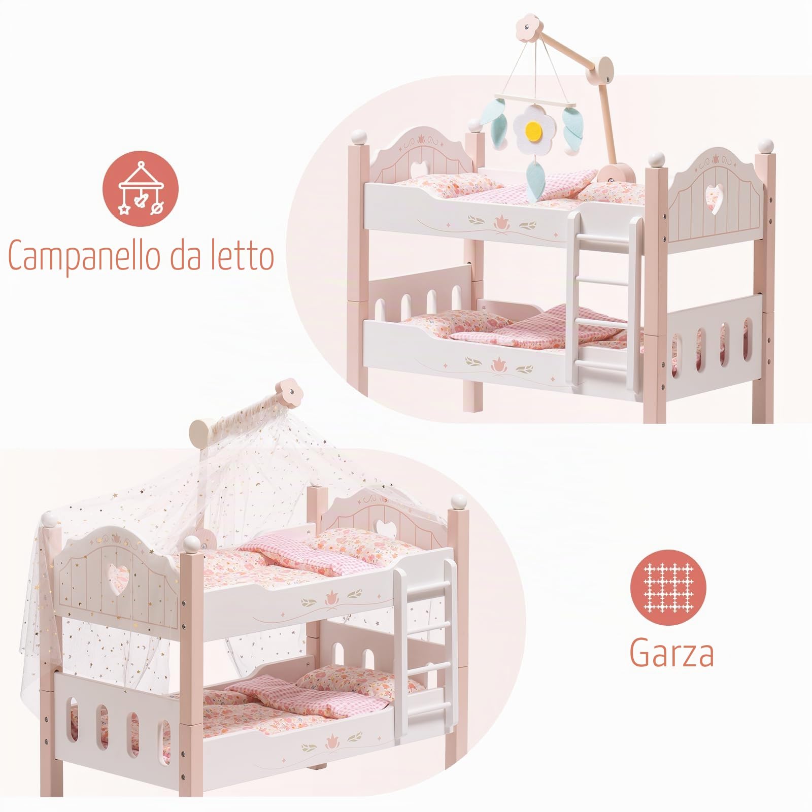 ROBOTIME letto a castello in legno, letto trasformabile con scaletta e biancheria, per letti per bambola impilabili da 18 pollici, accessori perfetti