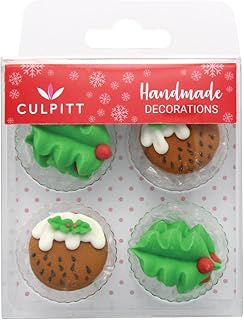 Culpitt Holly & Christmas Pudding Sugar Decorations, Edible Royal Icing Decorations, Multi-Coloured Green Festive Cake and Cupcake Toppers, Pack of 12
