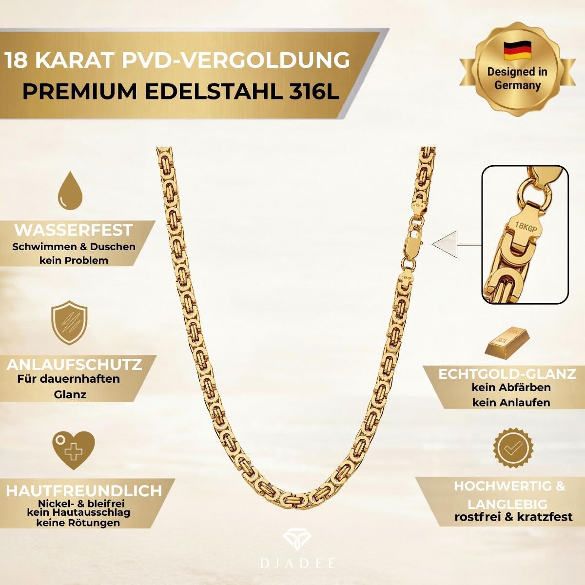 DJADEE Męski łańcuszek królewski Emprise Gold – pozłacany 18-karatowym złotem (750) ze stemplem 18 KGP – 6 mm stal szlachetna naszyjnik wodoodporny i antyalergiczny – w zestawie pudełko na prezent