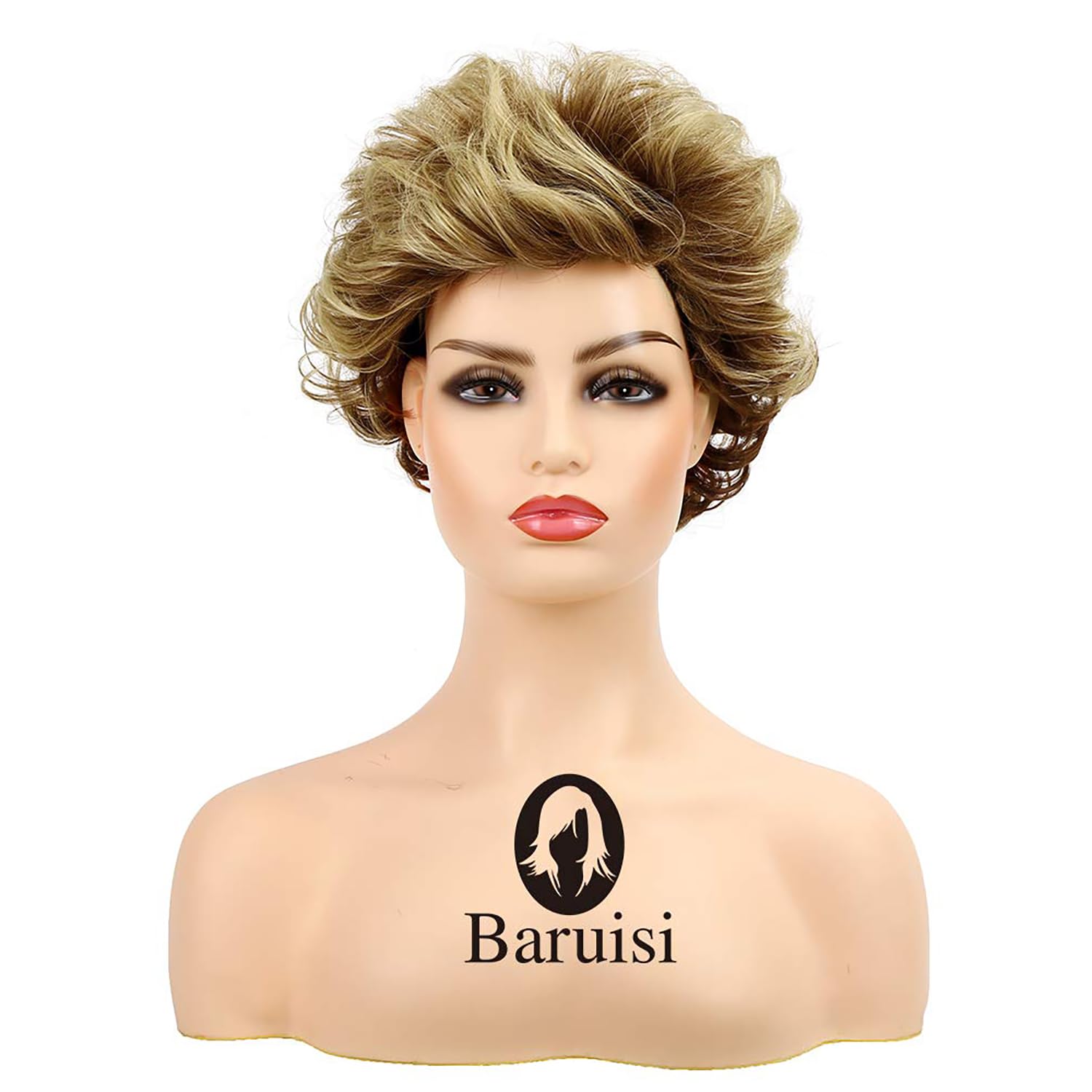 Baruisi Short Fluffy Brown Wigs for Women Natural Looking Synthetic Curly Hair Wig with Bangs